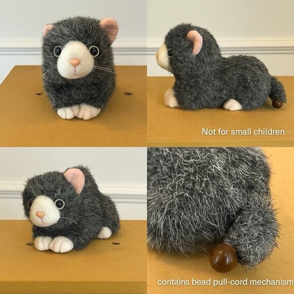 Unbranded Other - Vintage Gray & White Vibrating Cat Plush Toy Pull Cord Kitten Stuffed Animal